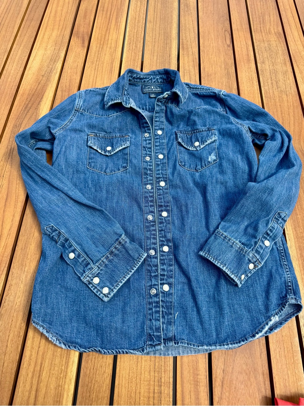 Lucky Brand Women’s Distressed Blue Denim Shirt